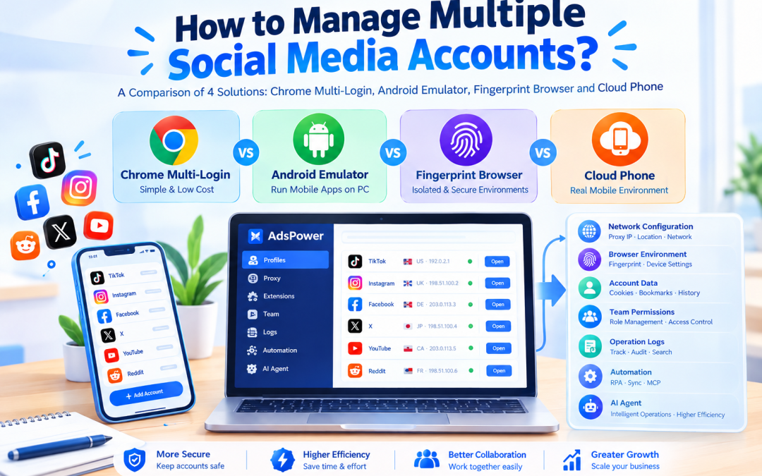 How to Manage Multiple Social Media Accounts? A Comparison of Four Solutions: Chrome Profiles, Android Emulators, Fingerprint Browsers, and Cloud Phones