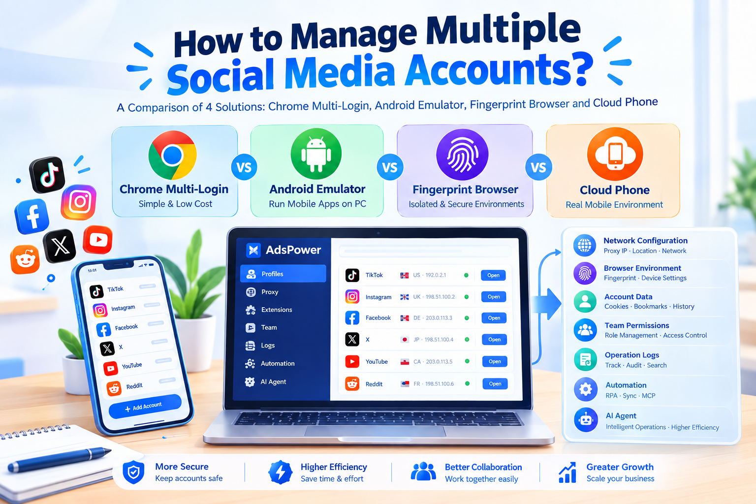 How to Manage Multiple Social Media Accounts? A Comparison of Four Solutions: Chrome Profiles, Android Emulators, Fingerprint Browsers, and Cloud Phones